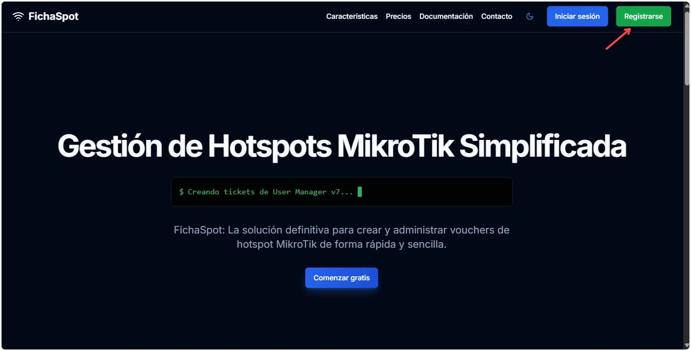 Botón de registro en la página principal